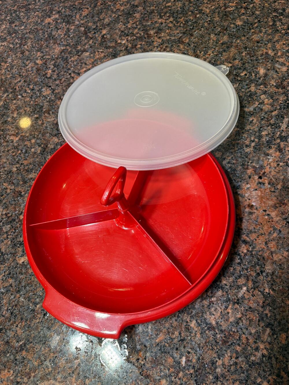 Vintage Tupperware Red 3pc Divided Relish/Condiment/Candy Tray w/Lid